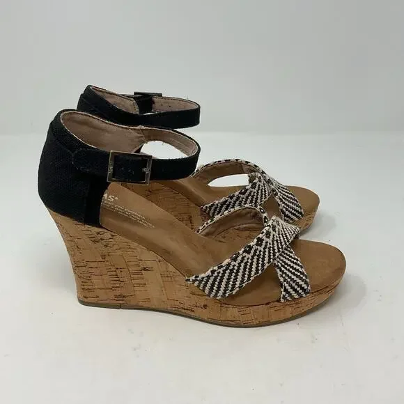 Toms Sienna Wedge Sandal Womens 7.5 Black Strappy Ankle Strap Cork Platform - Picture 5 of 13
